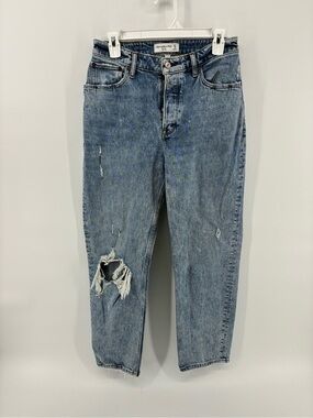 Abercrombie & Fitch The Dad High Rise Distressed Blue Jeans Ripped Knee Denim